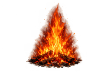 Campfire burning with bright orange flames and glowing embers, providing warmth and light, transparent background