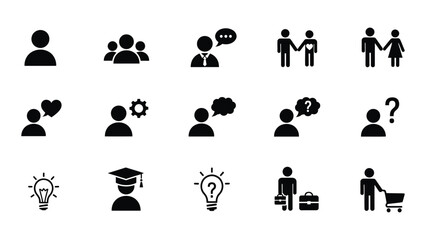Collection of diverse black glyph icons representing people ideas and connections