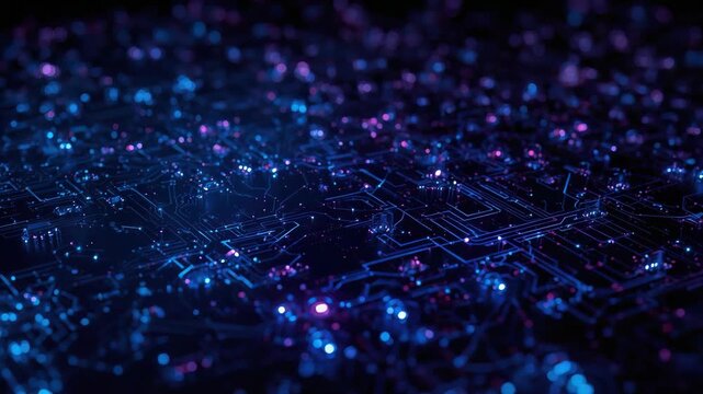 Glowing circuit board with blue and purple lights neon pattern creating futuristic tech ambiance