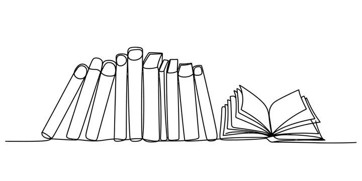 Continuous line art illustration featuring a row of books with an open book on a white background Vector, illustration