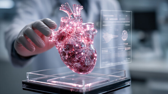 A scientist examines a futuristic holographic pink heart model in a laboratory setting