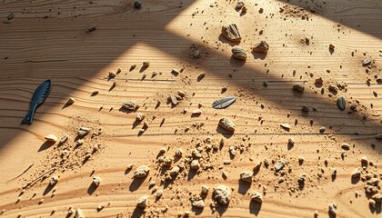 Wooden plywood surface covered with sawdust and wood chips in sunlight