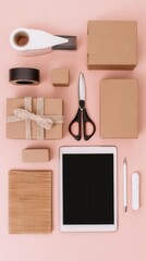Minimalist Flat Lay Gift Boxes, Stationery, and Tablet
