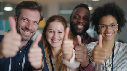 Obraz premium Four diverse colleagues giving thumbs up in a modern office environment together happily