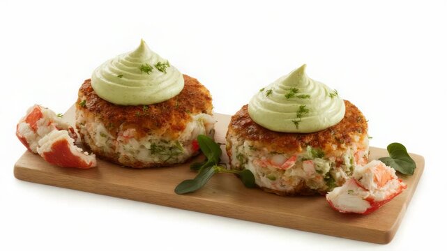 Crab cake appetizer with herb cream and avocado microgreens garnish on wooden board deluxe
