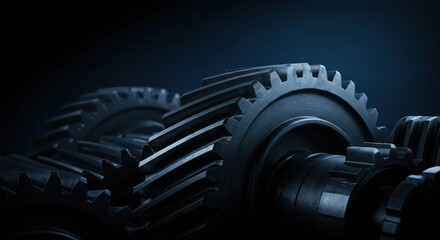 Close up of industrial gears interlocking against a dark background representing mechanical engineering and technical concepts