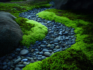 Zen Garden Stream with Gray Rocks and Lush Green Moss