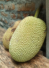jackfruit on the wood board with cement bricks on the background 