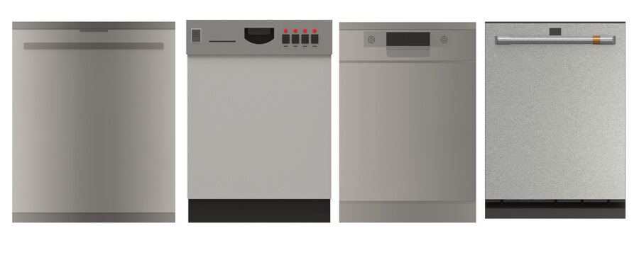 Set of Modern Dishwasher Front View Illustrations in Silver and Stainless Steel Styles
