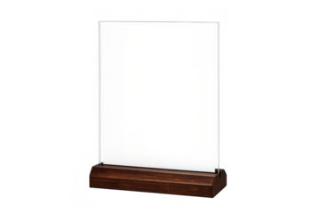 Blank white vertical acrylic sign holder with dark wooden base mockup, displaying menu or information, transparent background