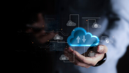 cloud computing shown in hand cloud technology data storage, data transfer, network and internet service concept
