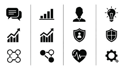 Collection of business communication and technology related black glyph icons