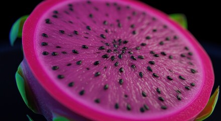 Close up of vibrant pink dragon fruit slice with black seeds against dark background