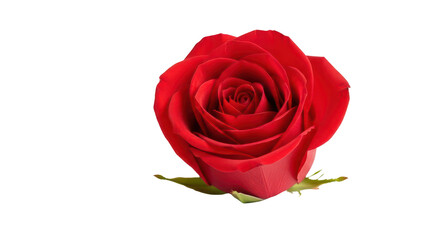 Fototapeta premium Vibrant red rose flower head isolated on white background, romantic blooming rose bud with green sepals, elegant floral element for wedding design