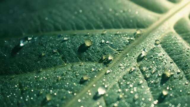 Dew drop leaf green macro water sparkling on textured green leaf with soft moody bokeh light