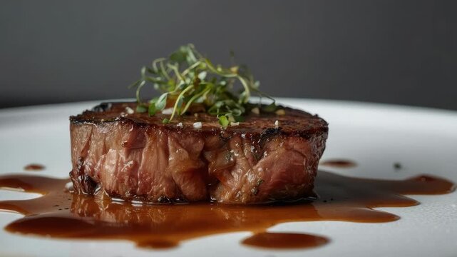 Seared filet mignon steak beef medallion seared with jus glaze and microgreen steak presentation