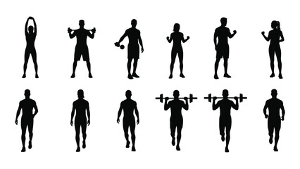 Silhouettes of people in various athletic poses and walking stances