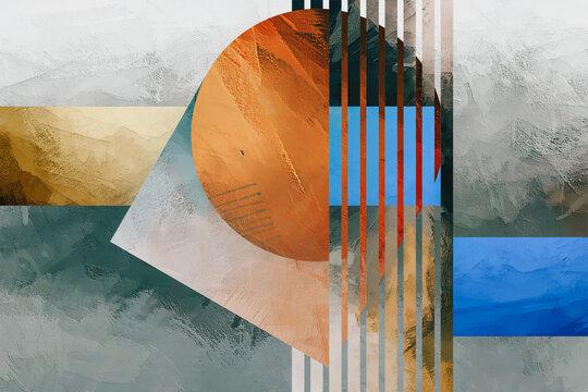 Strata and Symmetry layered arrangement of textures and forms that reflects natural stratification while maintaining compositional symmetry and structural clarity, contemporary  abstract  painting