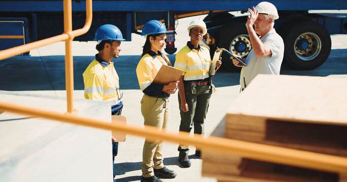 Logistics, team and meeting with people outdoor for inventory management, delivery planning or export. Shipping route schedule, distribution supervisor or collaboration with employees at warehouse