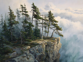 Dramatic Rocky Cliff with Green Trees Above Clouds Atmospheric Landscape Painting