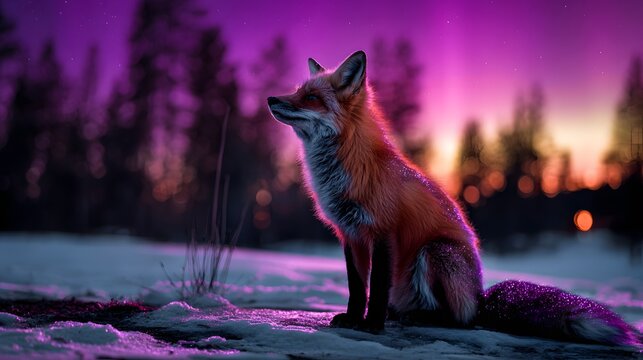 Fuchs im Schnee bei Nacht mit magischer Lichtstimmung
