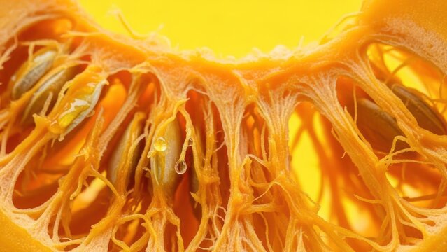 Close up view of a pumpkins interior revealing seeds and fibrous strands