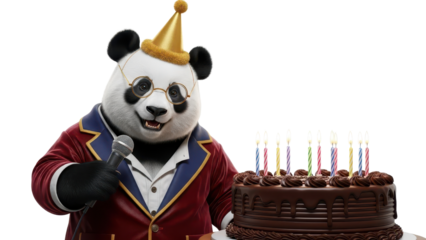 Panda Mascot Wearing Party Hat and Suit Holding Microphone Next to Chocolate Birthday Cake isolated PNG with Transparent Background
