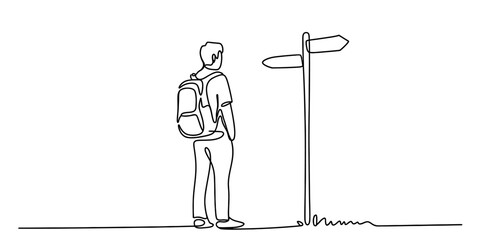 A traveler stands at a signpost contemplating which path to take for his journey Vector, illustration © Nikhil Ray