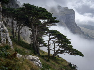 Green Trees on Misty Cliffside Overlooking Cloudscape