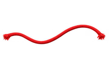 Wavy red rope with realistic texture and frayed ends. Curved bright string on transparent background