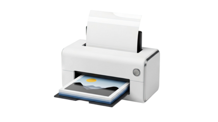 White printer with paper output and output tray full of photos