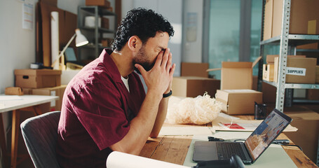 Ecommerce, headache and man with laptop, pain and blue light exposure with stress. Entrepreneur, pc and distribution with migraine, tired and burnout with fatigue, eye strain and inventory management