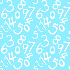 pattern of white numbers and letters on a light blue background.