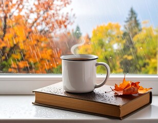 Steaming mug on a book, window view of autumn rain