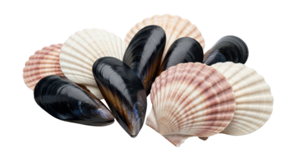 Pile of various natural scallop and mussel seashells isolated PNG with Transparent Background