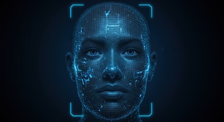 Digital rendering of human face with facial recognition technology overlay against a dark background