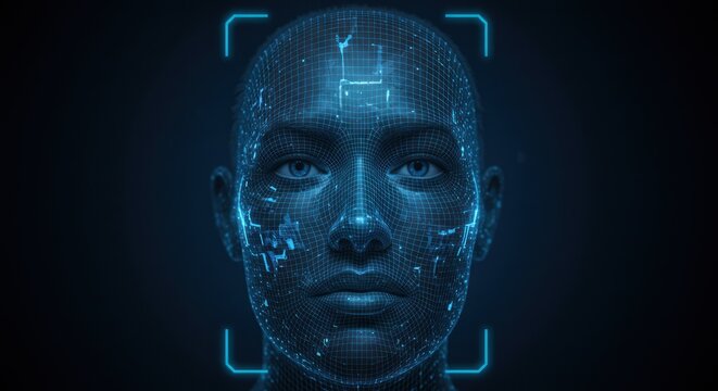 Digital rendering of human face with facial recognition technology overlay against a dark background - Powered by Adobe