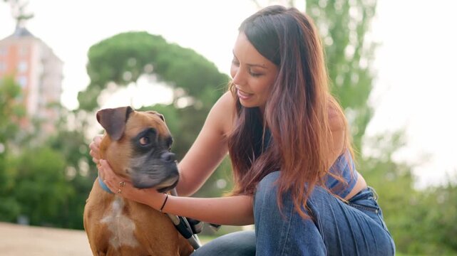 Boxer dog sitting angry with its owner