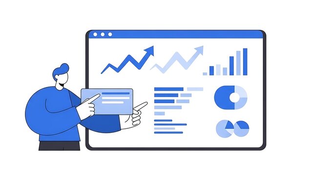 Business analyst pointing at dashboard with growth charts and data visualization in modern flat illustration style - Powered by Adobe