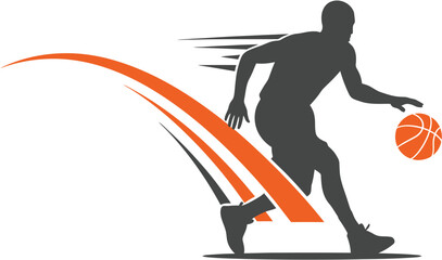 Obraz premium Dynamic silhouette of a basketball player intensely dribbling the ball with swift motion lines, embodying speed and athletic energy in a graphic illustration, perfect for sports branding