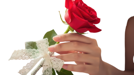 Woman's Hand Holding Single Red Rose with White Lace Ribbon isolated PNG with Transparent Background