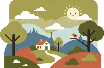 Vibrant and serene flat design illustration capturing the tranquility of a countryside scene with a cozy house, lush trees, rolling hills, and a cheerful sun illuminating the peaceful landscape