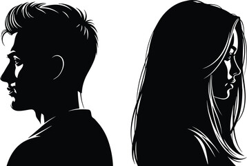 Male and female face profile silhouette illustration showing side view portraits isolated on white background for psychology identity relationship concepts © Nur Creations