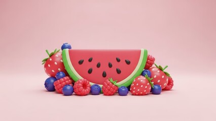 Fresh fruit arrangement featuring watermelon strawberries raspberries and blueberries on a pink background