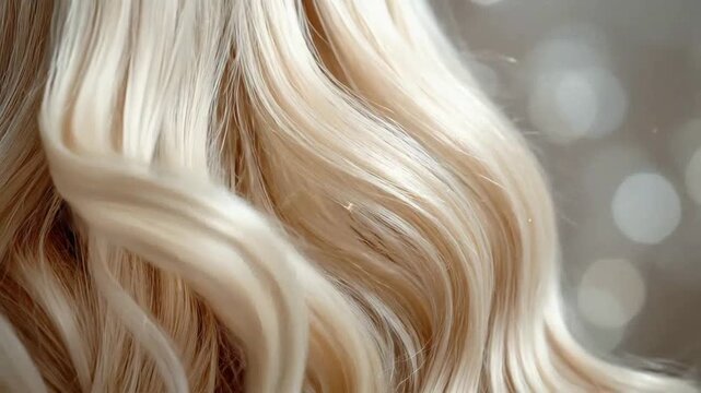Close-up of flowing blonde hair with soft waves, creating a luxurious texture.