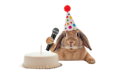 Cute Lop Eared Rabbit Wearing Party Hat Holding Microphone with Birthday Cake isolated PNG with Transparent Background