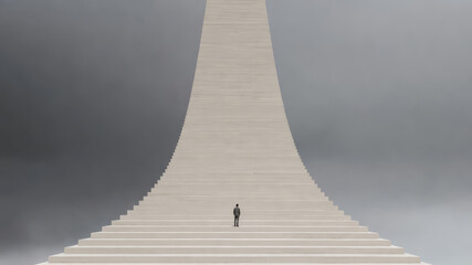 A small man climbs up a large staircase that goes into the sky.
