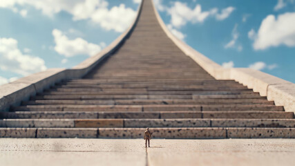 A small man climbs up a large staircase that goes into the sky.
