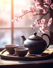 Still life of tea set, blossoms, and window light
