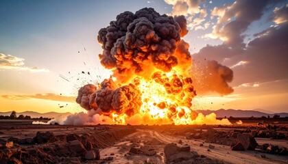Massive explosion with fire and smoke in a desolate landscape at sunset.
